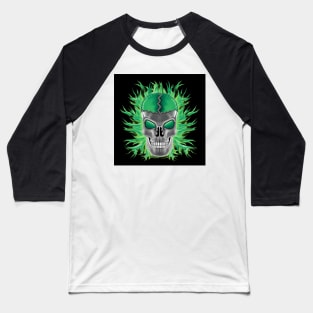 Green Skull with Flames Baseball T-Shirt